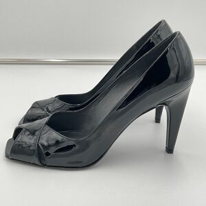 Stuart Weitzman Womens Sashay Patent Leather‎ Peep Toe High Heel Size 9.5 Black